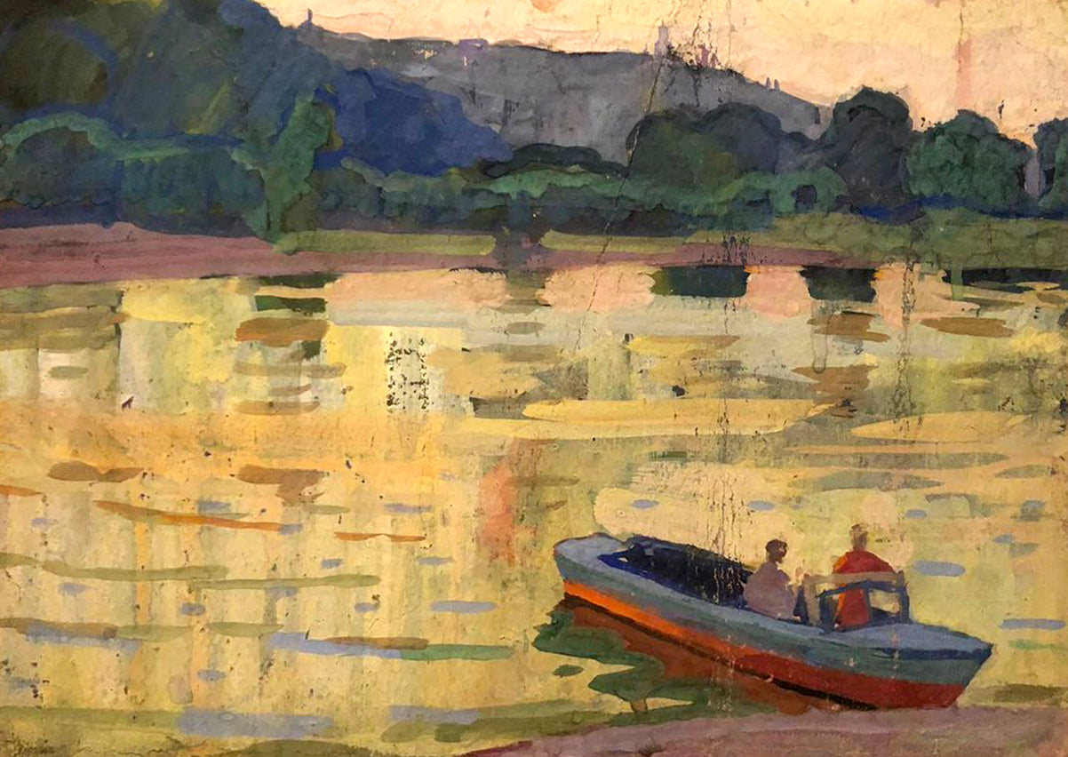 Oil painting by Khrustalenko Nikolai Alexandrovich: blue orange rowboat on yellow water