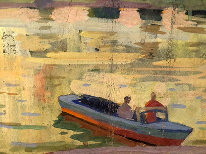 Impressionist oil painting by Khrustalenko Nikolai Alexandrovich: blue and red rowboat with two people on the shore