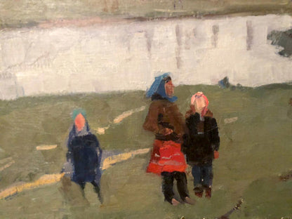 Oil painting Its a nasty day by Khrustalenko Nikolai Alexandrovich with blue headscarf figure