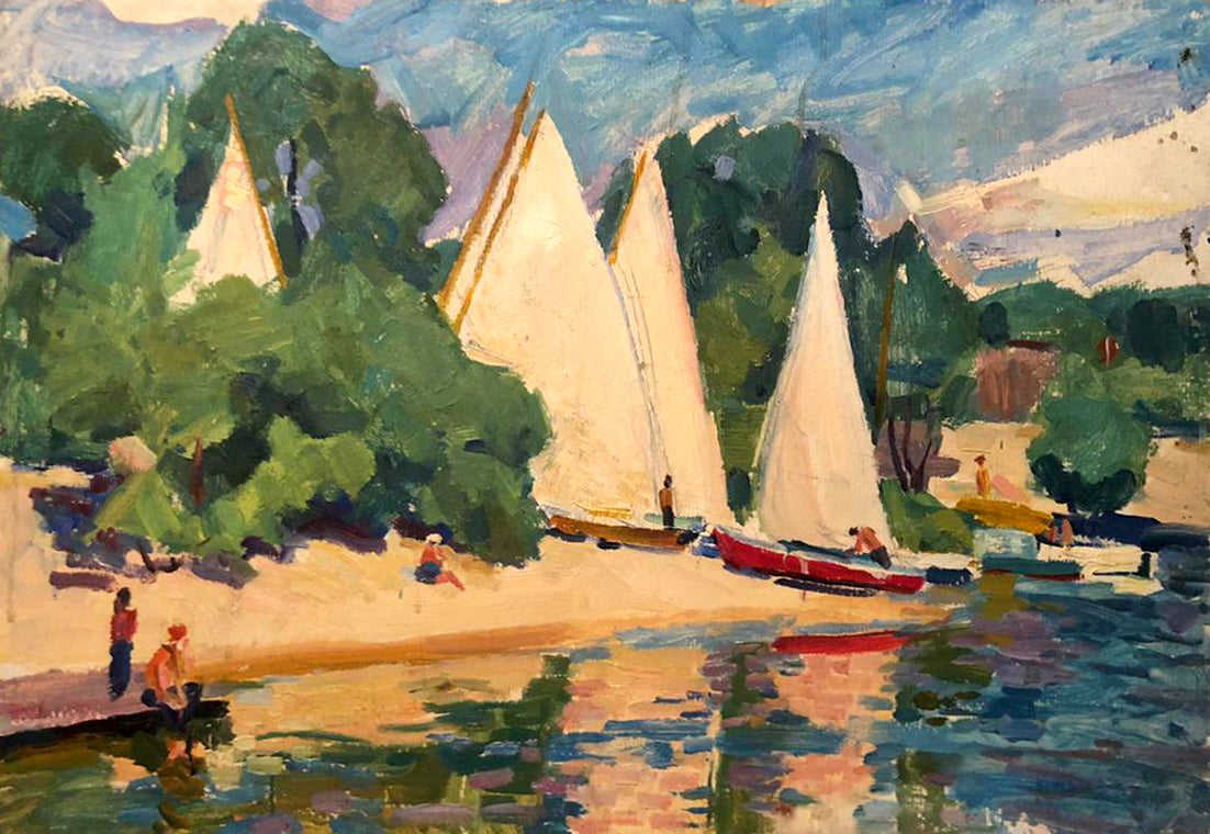 Oil painting of boats on shore by Glushchenko Nikolay Petrovich