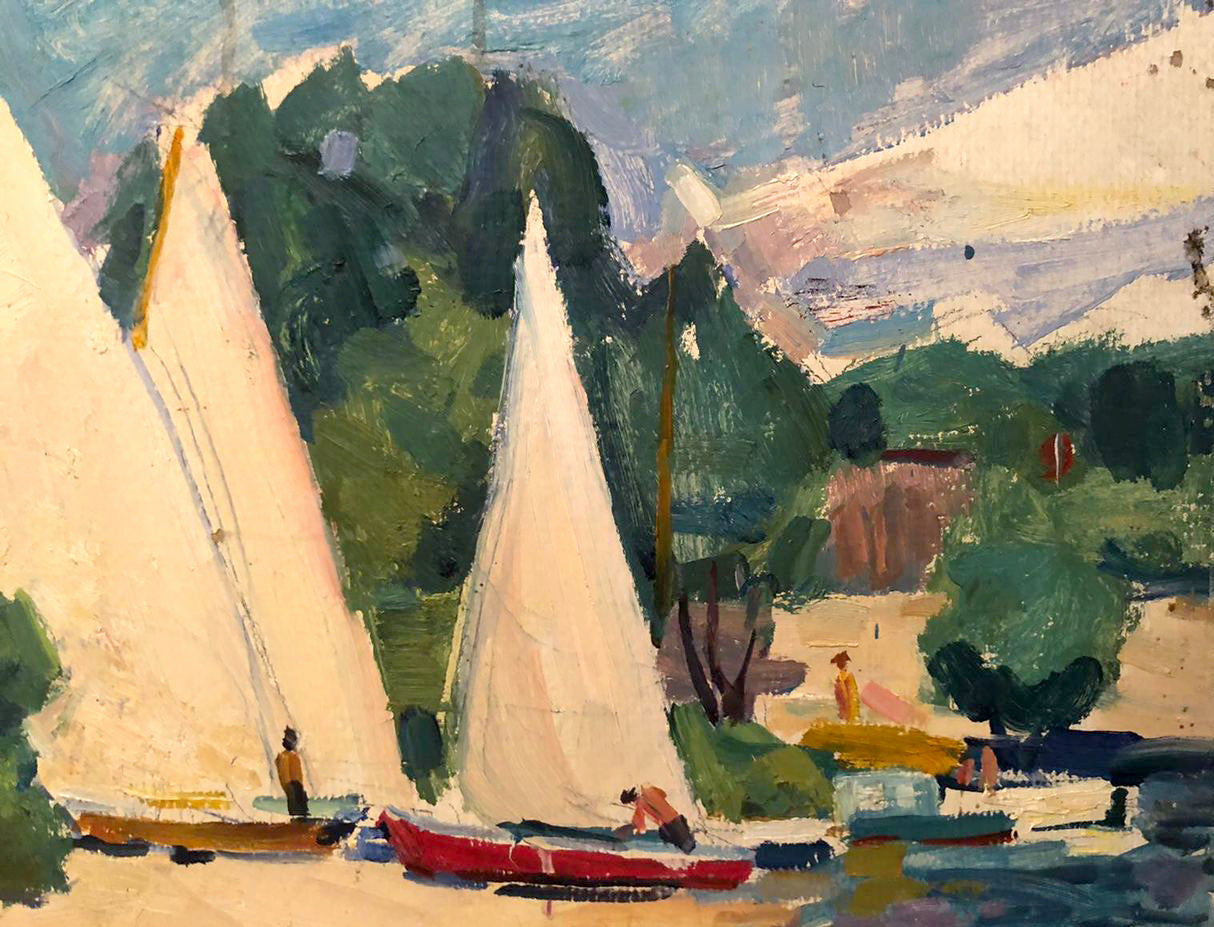 Oil painting by Glushchenko Nikolay Petrovich: red sailboat in calm waters amid green hills