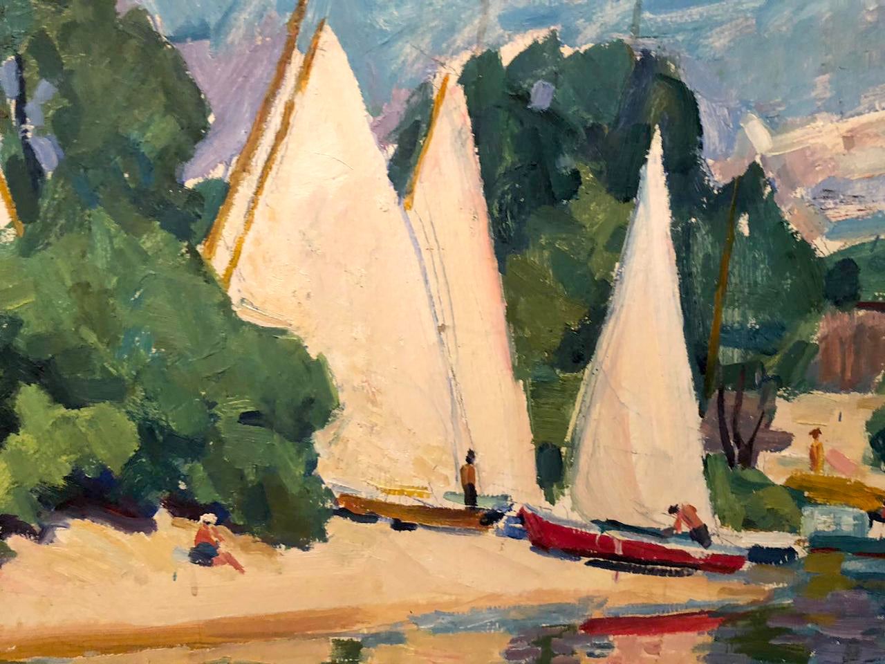 Oil painting of three white sailboats moored by sandy shore by Glushchenko Nikolay Petrovich