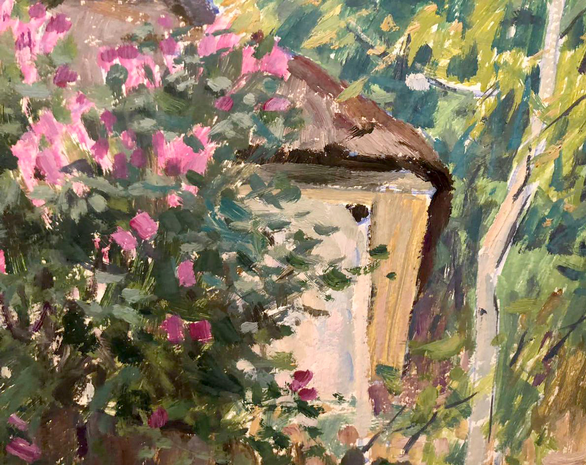 Oil painting of lilac blooms by Bortnikov Nikolay Fedorovich with rustic shed