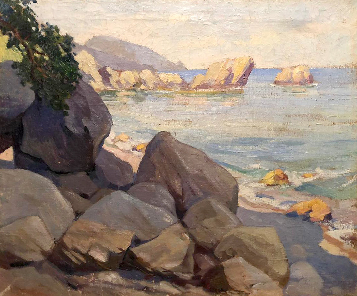 Oil painting Rocky coast with rugged rocks and golden cliffs
