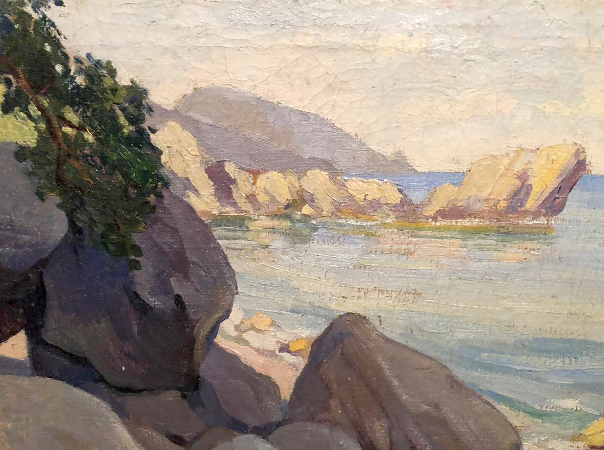 Oil painting Rocky coast: textured coastal scene with dark gray rocks and golden cliffs
