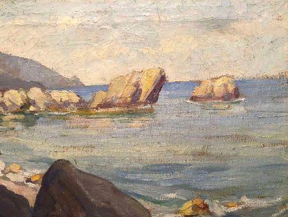 Oil painting Rocky coast with rugged sunlit rocks and calm blue water