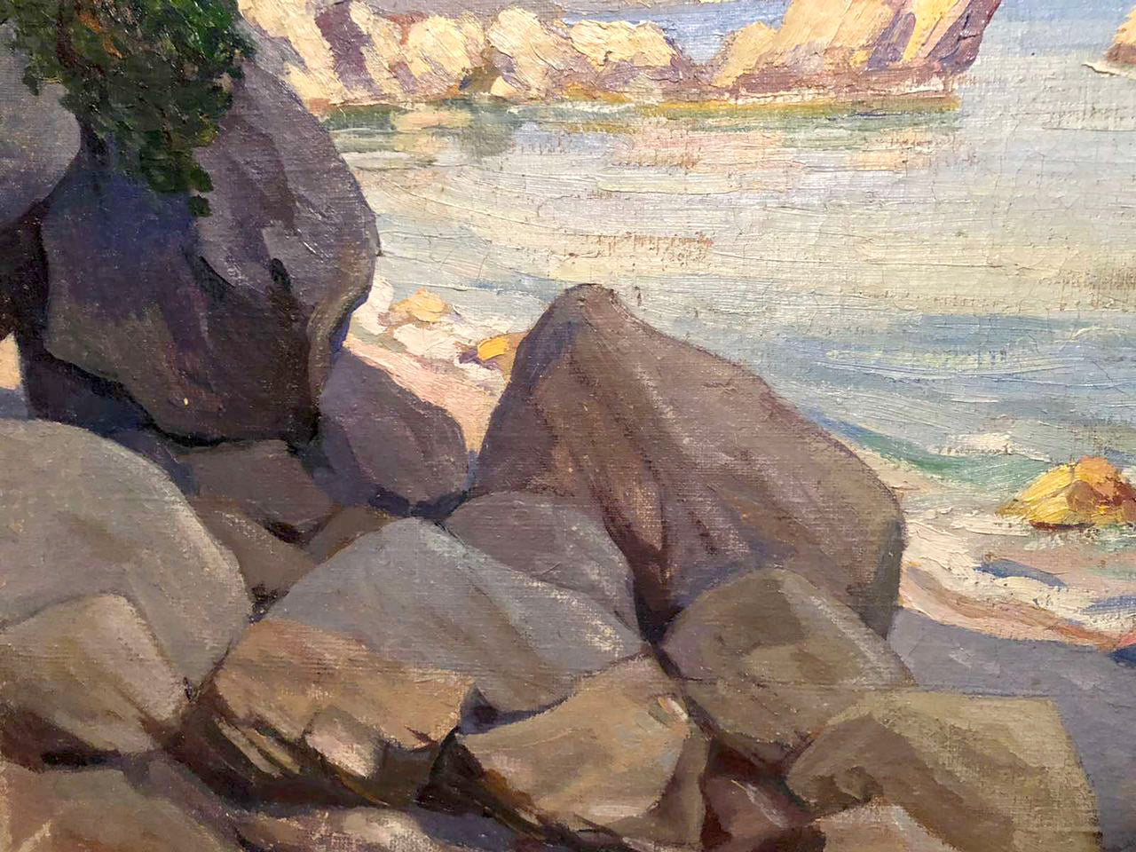 Oil painting of rough textured gray brown rocks on rocky coast shoreline