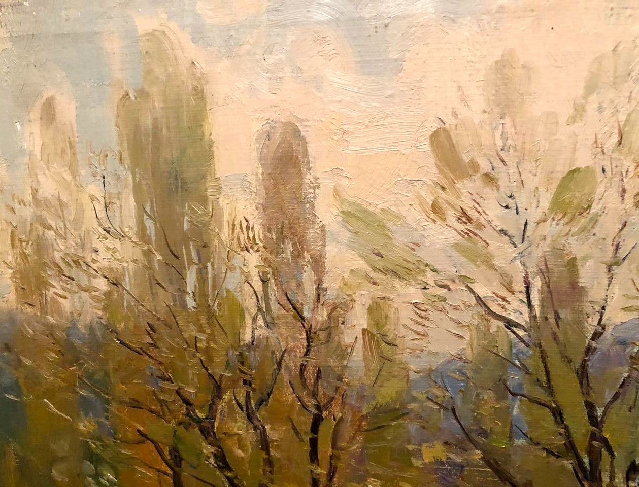 Oil painting First greens by Strelov Arkady Efimovich, tall trees in peach sky