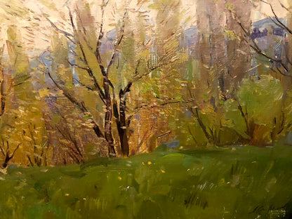 Oil painting First greens by Strelov Arkady Efimovich, sunlit forest scene