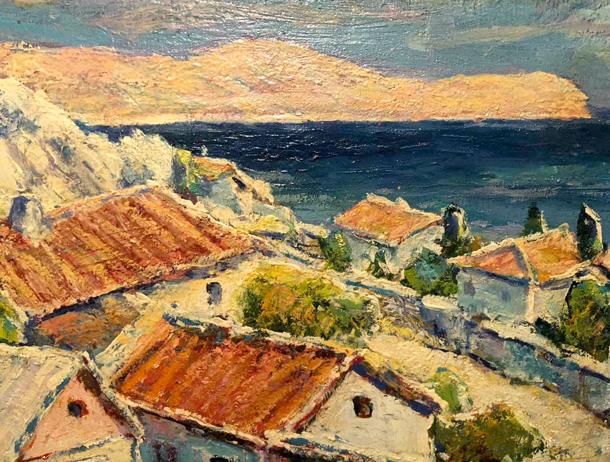 Vibrant impressionist oil painting by Miroshnichenko Pavel Petrovich of coastal village
