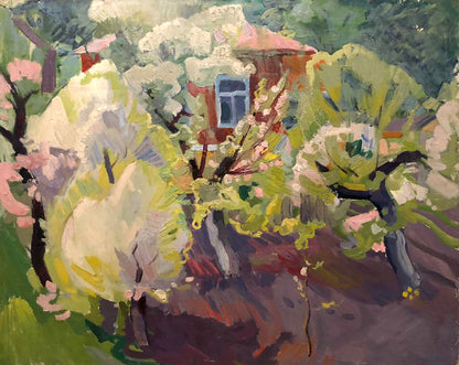 Vibrant impressionistic oil painting of blooming garden house by Matyushenko Viktor Ivanovich