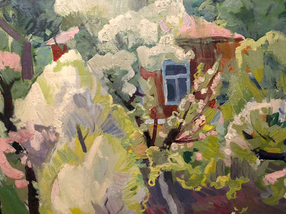 Oil painting of rustic red house with blue window in garden by Matyushenko Viktor Ivanovich