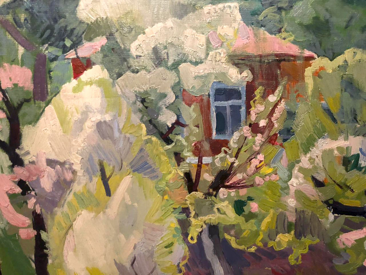 Vibrant impressionistic oil painting of red house in garden by Matyushenko Viktor Ivanovich