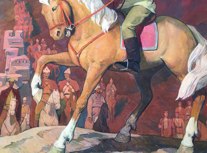 Oil painting portrait of officer Sirotenko Yuri Georgievich on light brown horse with white mane