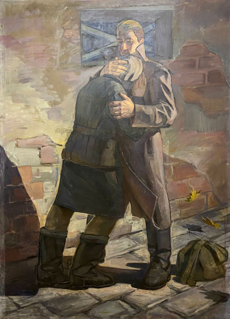 Oil painting Parting Abiyakin A.P. two soldiers embracing by crumbling wall
