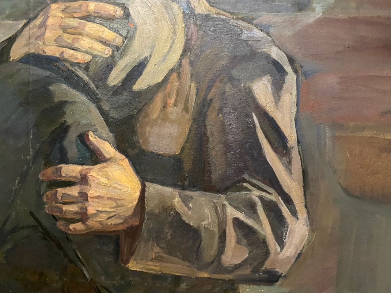 Textured impressionistic oil painting Parting Abiyakin A.P. person in dark clothing hands clasped over chest