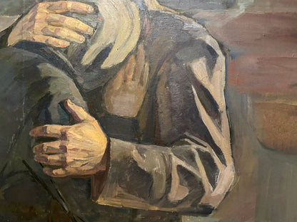 Textured impressionistic oil painting Parting Abiyakin A.P. person in dark clothing hands clasped over chest