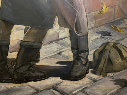 Oil painting Parting Abiyakin A.P. dark brown leather boots on cobblestone