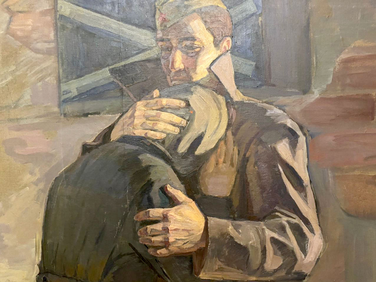 Somber oil painting Parting Abiyakin A.P. man in military attire embracing figure from behind
