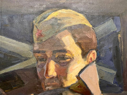 Oil painting Parting Abiyakin A.P. portrait of man in yellow headband with red star