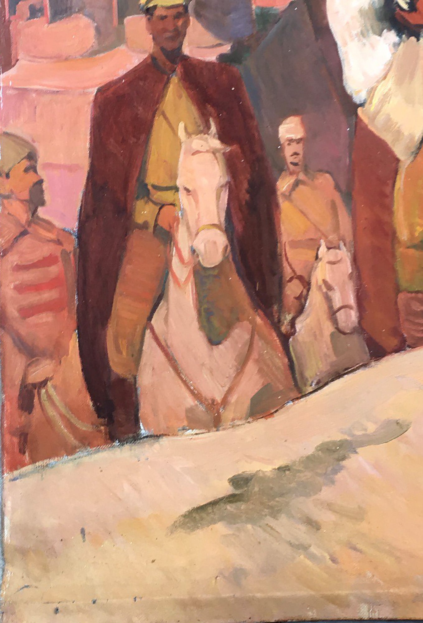 Oil painting of officer Sirotenko Yuri Georgievich on white horse with red cloak
