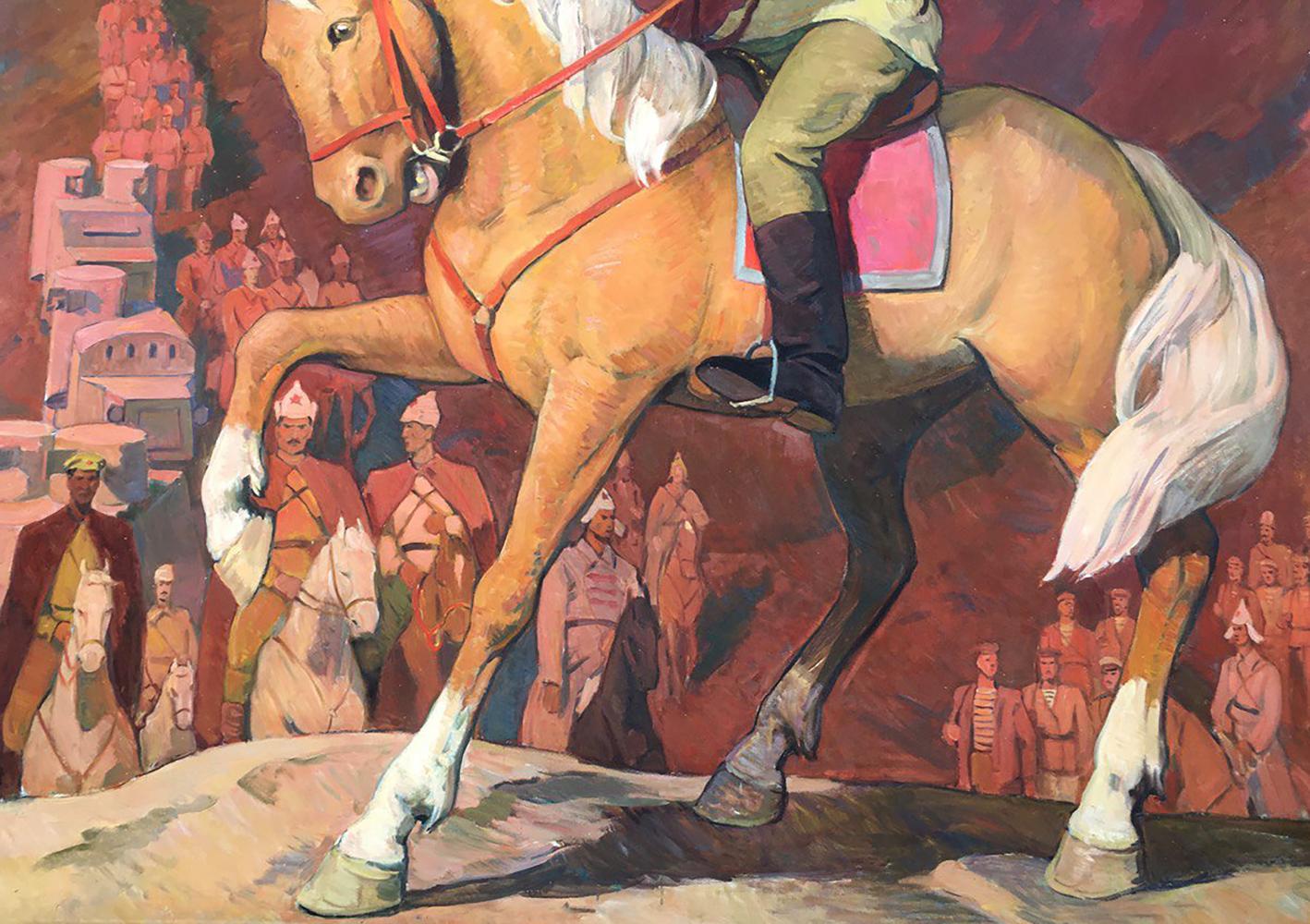 Oil painting portrait of Officer Sirotenko Yuri Georgievich on golden-brown horse