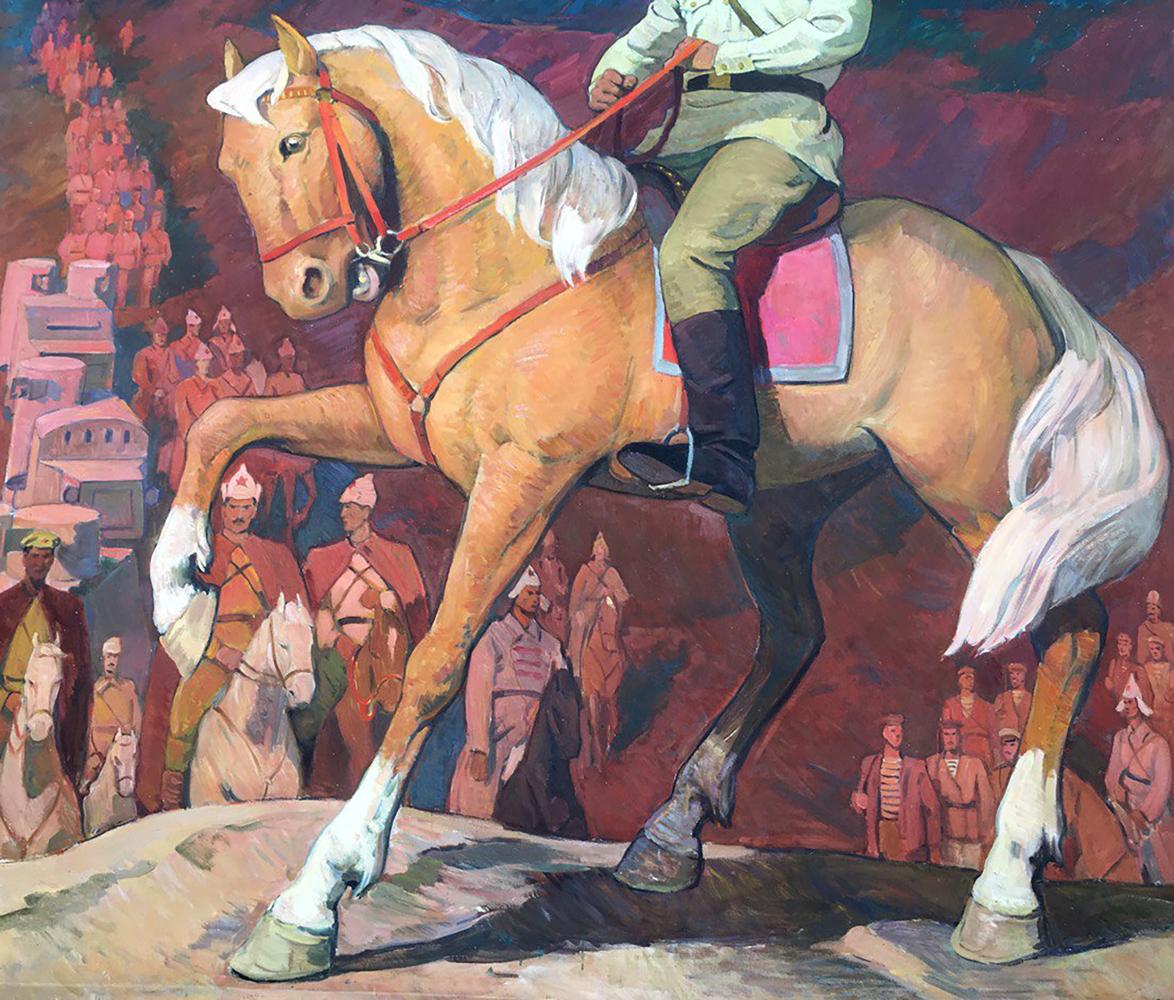 Oil painting portrait of Officer Sirotenko Yuri Georgievich on tan horse