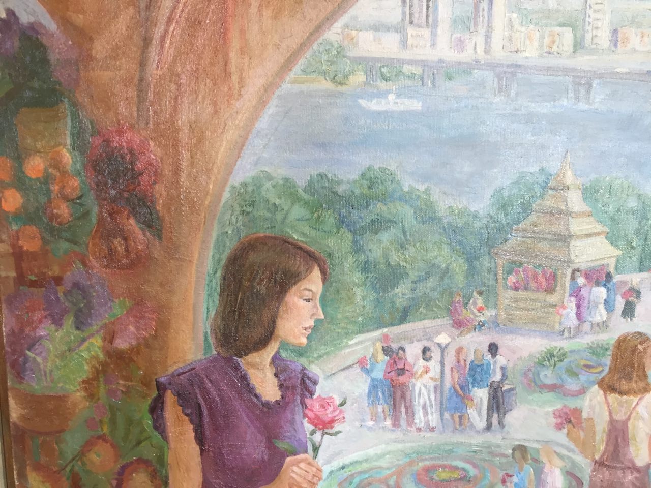 Oil painting by Barannikova Galina Georgievna: woman in purple dress holding pink rose