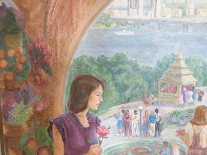 Oil painting by Barannikova Galina Georgievna: woman in purple dress holding pink rose