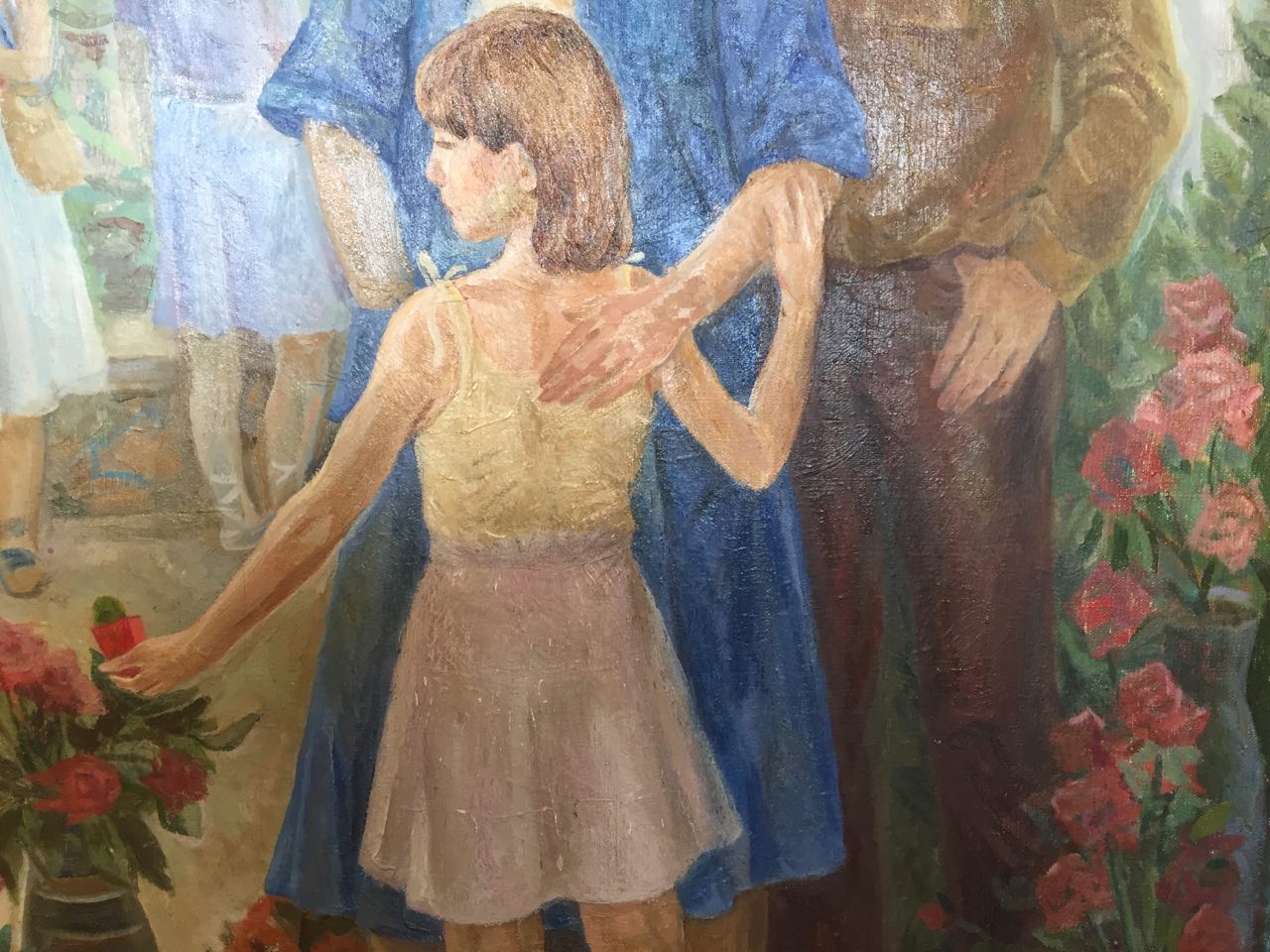 Oil painting by Barannikova Galina Georgievna: girl reaching for red roses