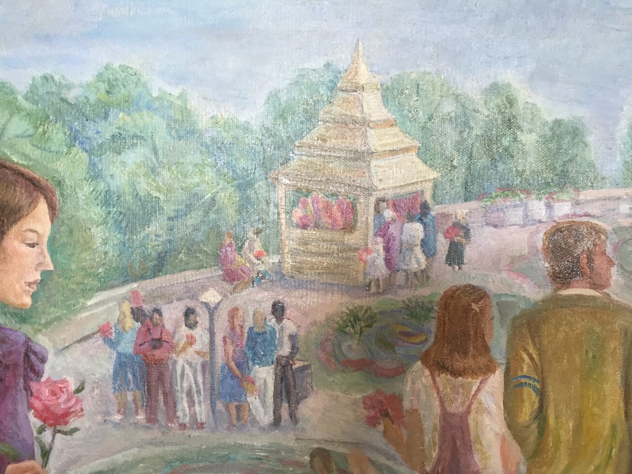 Oil painting of golden tiered pagoda in lush park by Barannikova Galina Georgievna