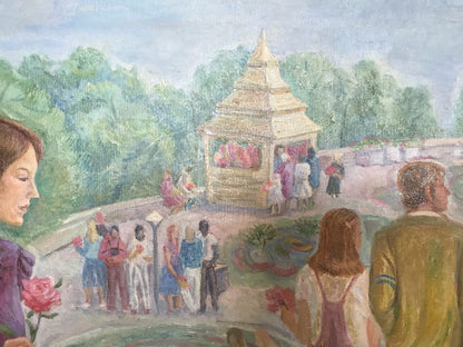 Oil painting of golden tiered pagoda in lush park by Barannikova Galina Georgievna