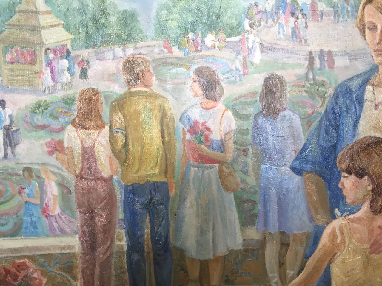 Oil painting by Barannikova Galina Georgievna: woman in white top, blue skirt with red flowers
