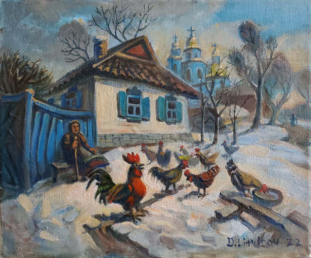 Vibrant red rooster with black and green feathers in snowy Ukrainian hinterland oil painting by Litvinov Daniil Olegovich