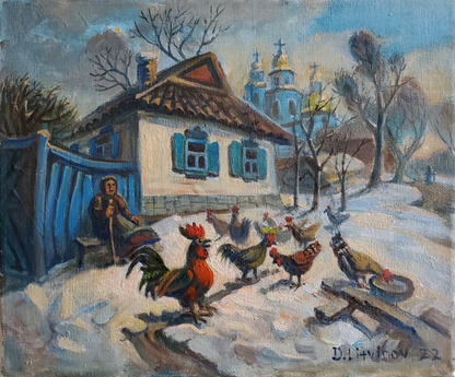 Vibrant red rooster with black and green feathers in snowy Ukrainian hinterland oil painting by Litvinov Daniil Olegovich