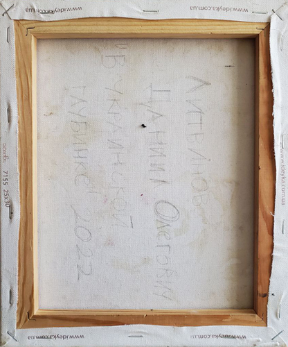 Back of oil painting Ukrainian hinterland by Litvinov Daniil Olegovich on wooden frame with staples