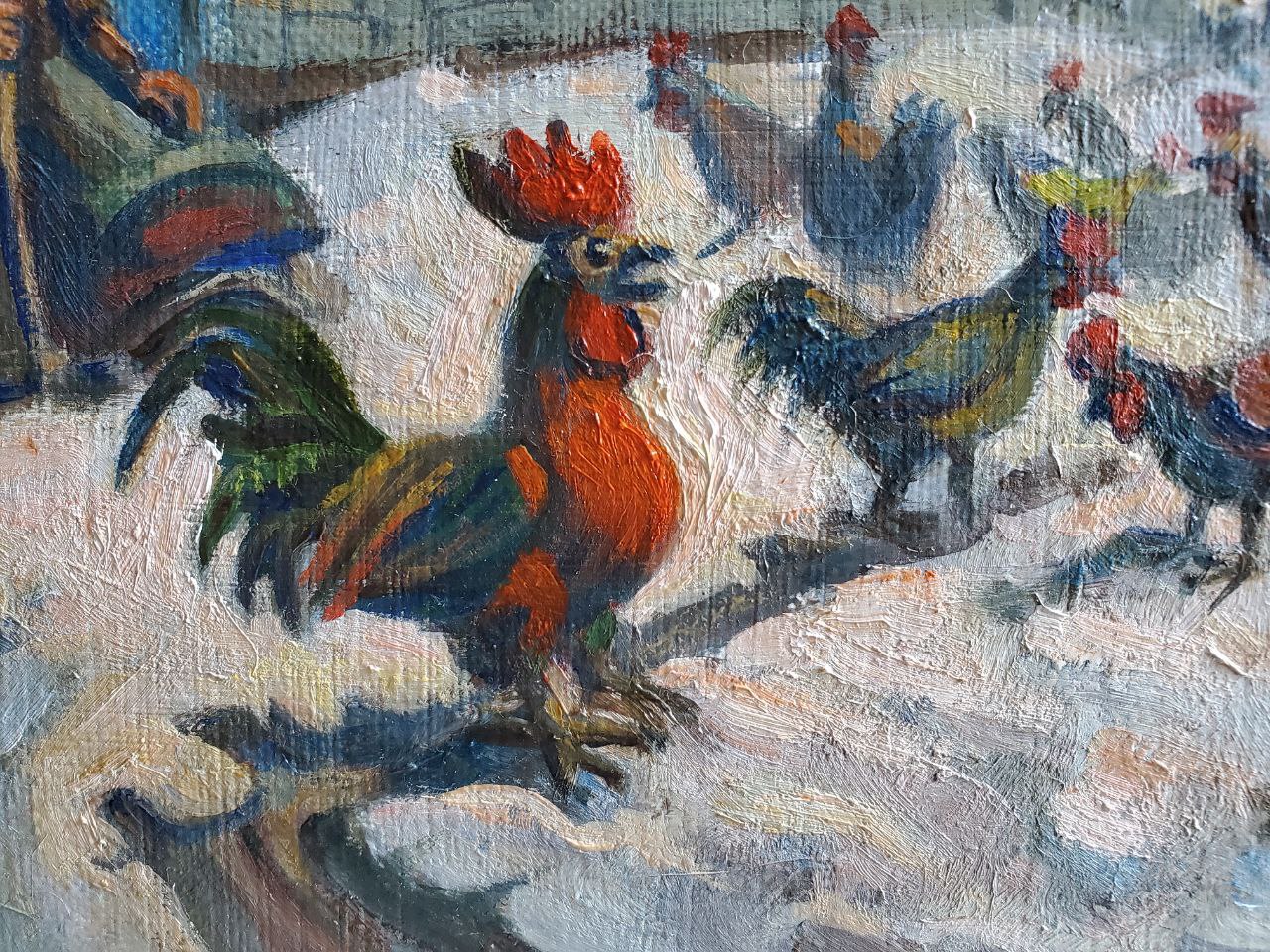 Vibrant oil painting Spring Snow rooster by Daniil Litvinov