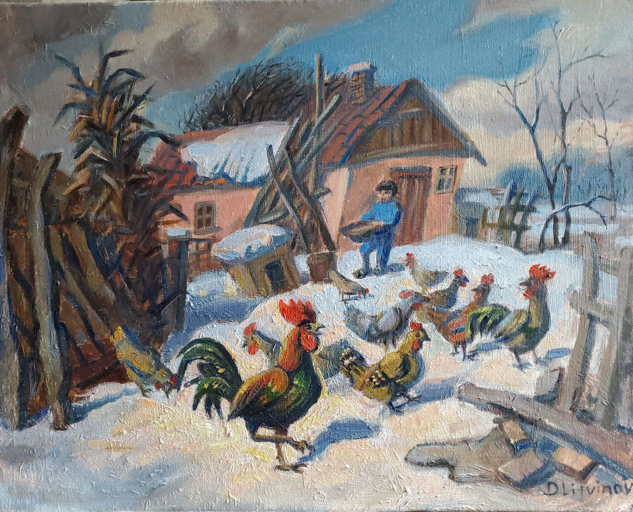 Oil painting Spring snow by Daniil Litvinov: colorful roosters in snowy yard