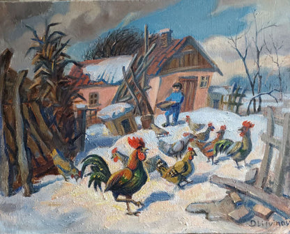 Oil painting Spring snow by Daniil Litvinov: colorful roosters in snowy yard