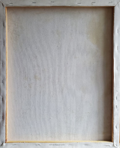Back of Oil painting Spring snow by Daniil Litvinov on beige canvas with staples