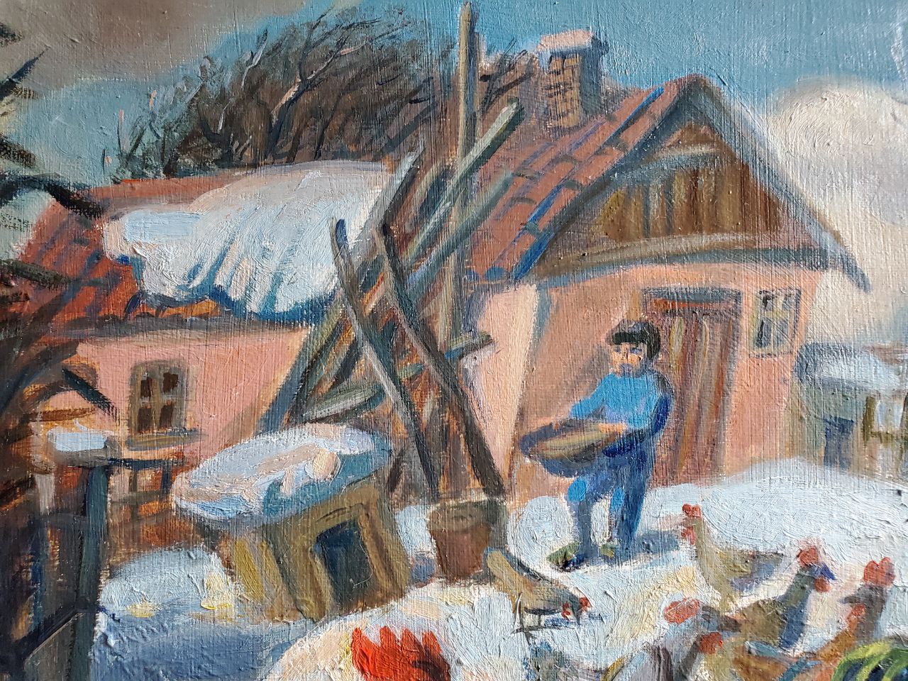 Oil painting Spring snow by Daniil Litvinov: rustic winter village scene