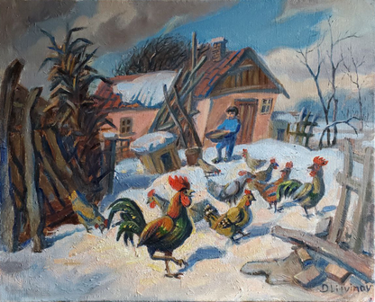 Oil painting Spring snow by Daniil Litvinov: colorful chickens in snowy farm