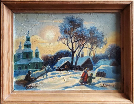 Framed oil painting Winter sunset in the village by Daniil Litvinov