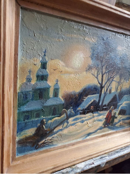 Oil painting Winter sunset in the village by Daniil Litvinov snowy scene
