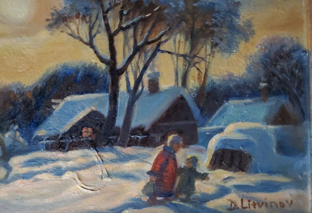 Oil painting Winter sunset in the village by Daniil Litvinov snowy scene