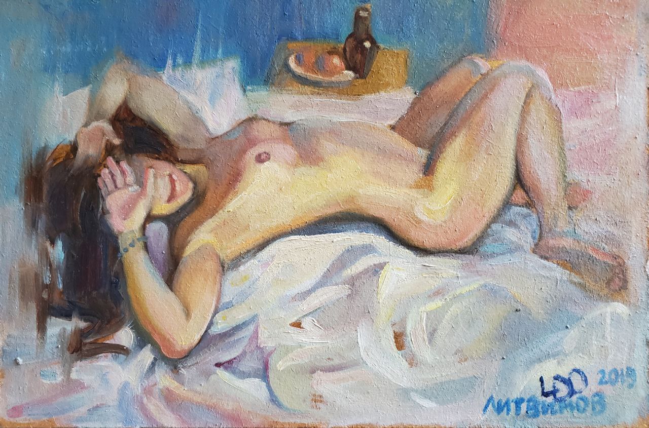 Oil painting Awakening by Litvinov Daniil Olegovich: nude woman on white fabric