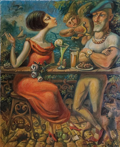 Oil painting of vibrant orange satin dress by Date Litvinov Daniil Olegovich