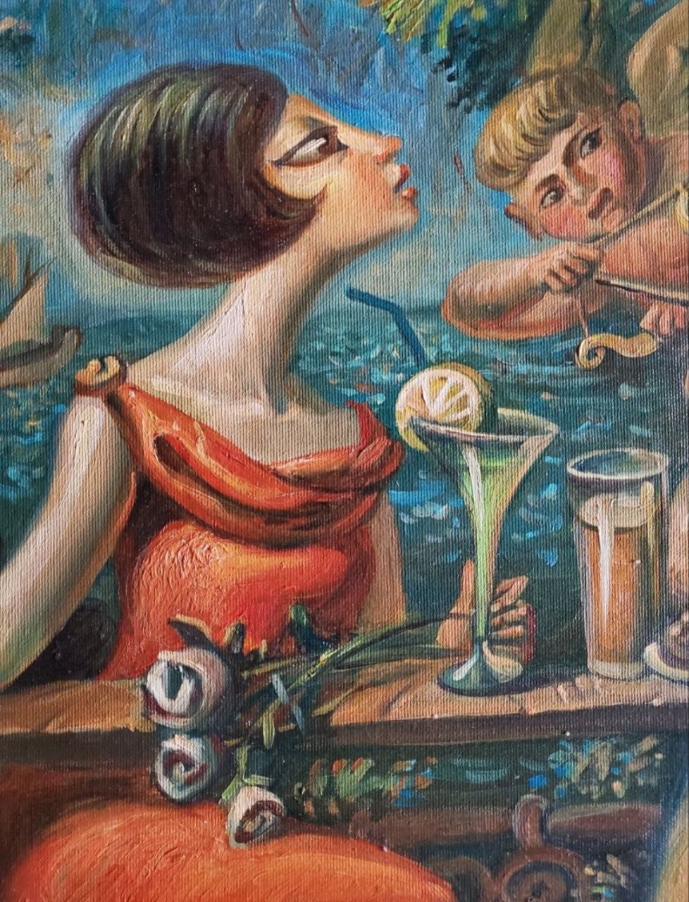 Oil painting by Date Litvinov Daniil Olegovich: woman in red dress by martini glass