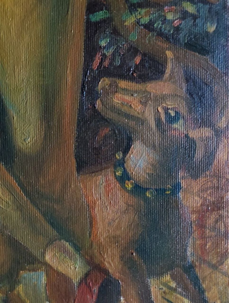 Oil painting by Date Litvinov Daniil Olegovich of tan dog with expressive eyes in studded collar