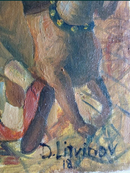 Oil painting by Date Litvinov Daniil Olegovich: textured figure in dark clothing with blue beaded necklace, signed by d